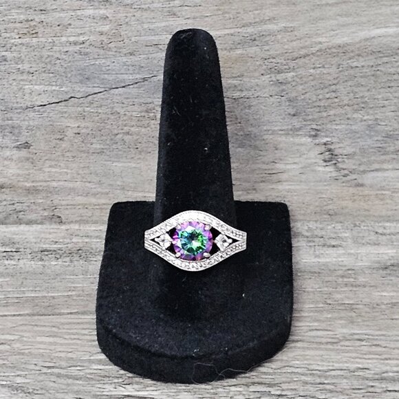 Lab Created New Round Faceted Mystic Topaz CZ Halo Silver Tone Accent Ring - Picture 8 of 8